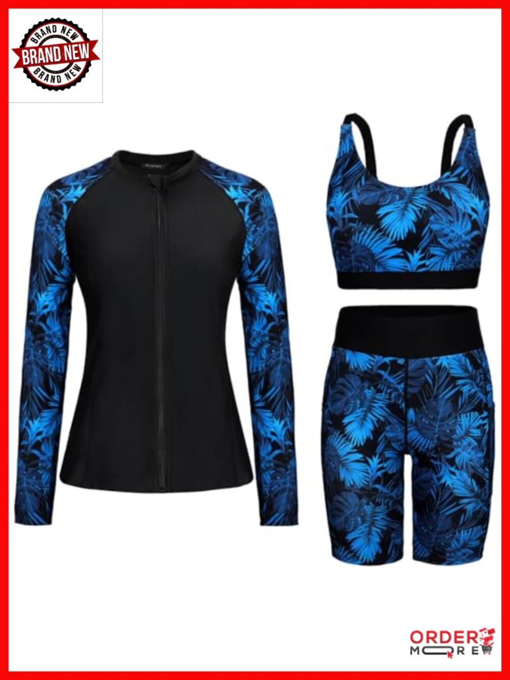 Long Sleeve Rash Guard Set with Swim Shorts UPF 50 Zip